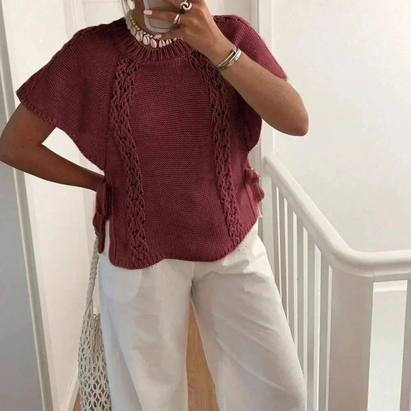 Burgundy Casual Women's Side Tie Round Neck Cap Sleeve Sweater - Picture 7 of 7